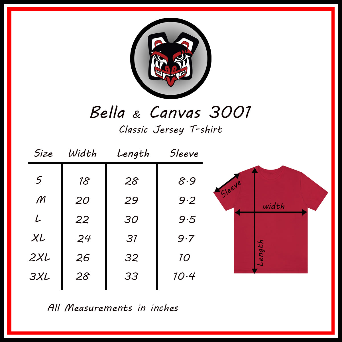 Salish Grant - Hummingbird Purple Butterfly T-Shirt Coast Salish art Size Chart