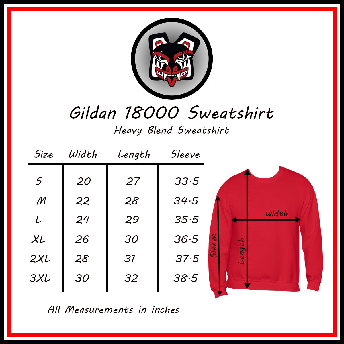 Salish Grant - Wolf Pack Lacrosse Team Sweatshirt Coast Salish art Canada Size Chart