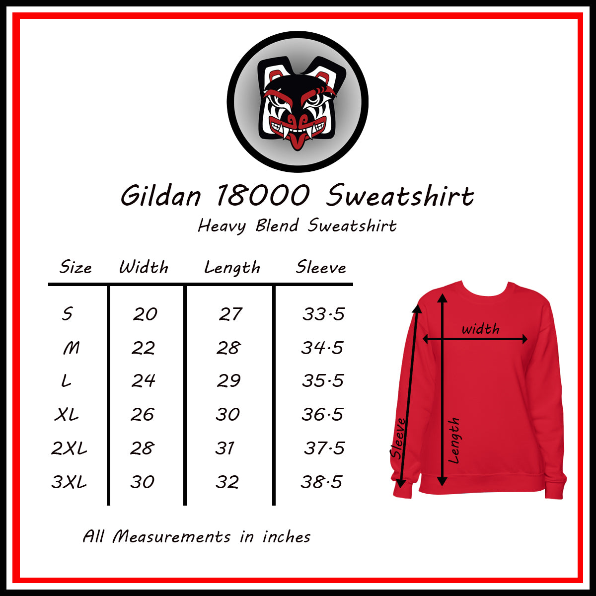 Salish Grant - Boujee Rez Cat Blue Baller sweatshirt Coast Salish art Size Chart