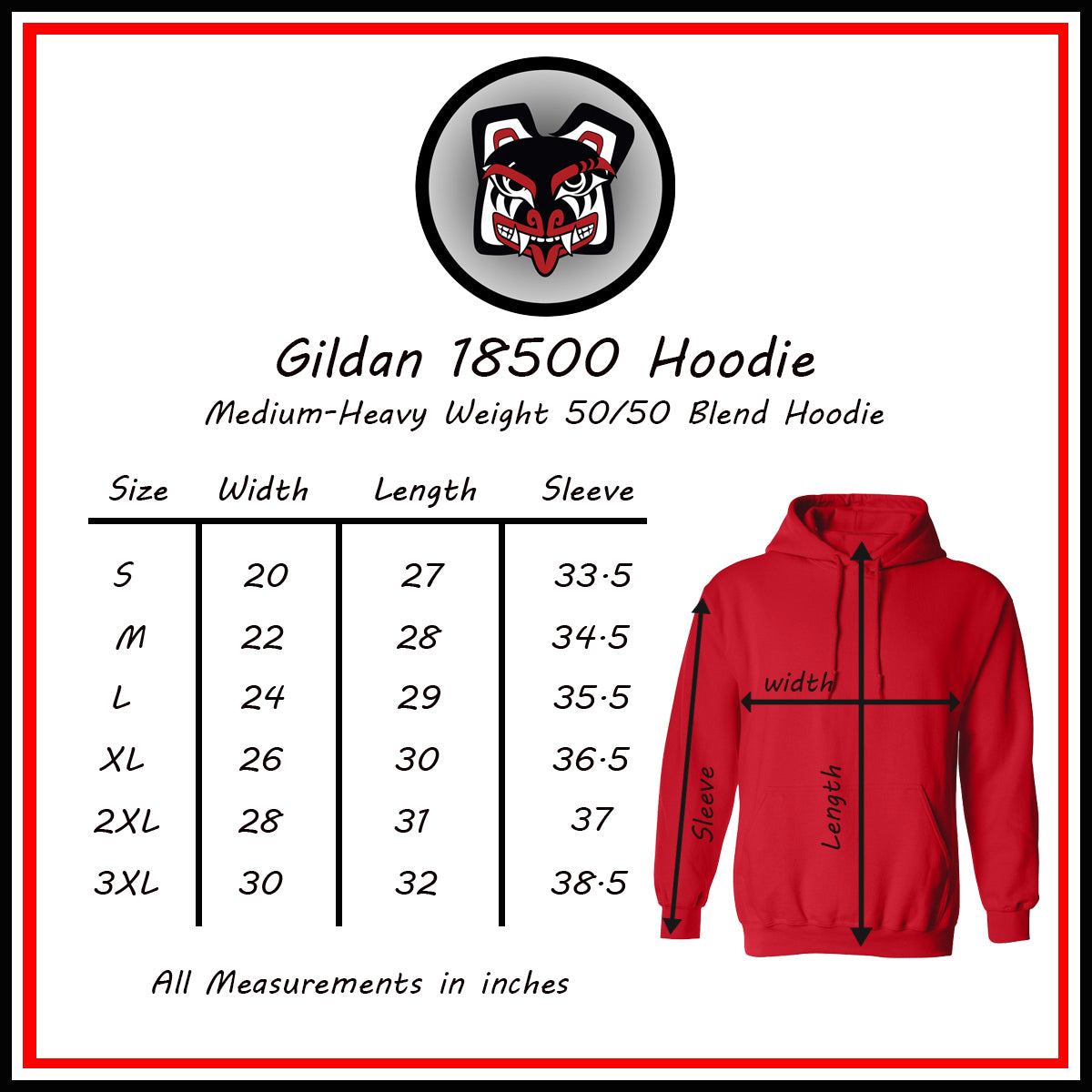 Salish Grant - Coast Salish Hoodie authentic art Vancouver Canada Size Chart