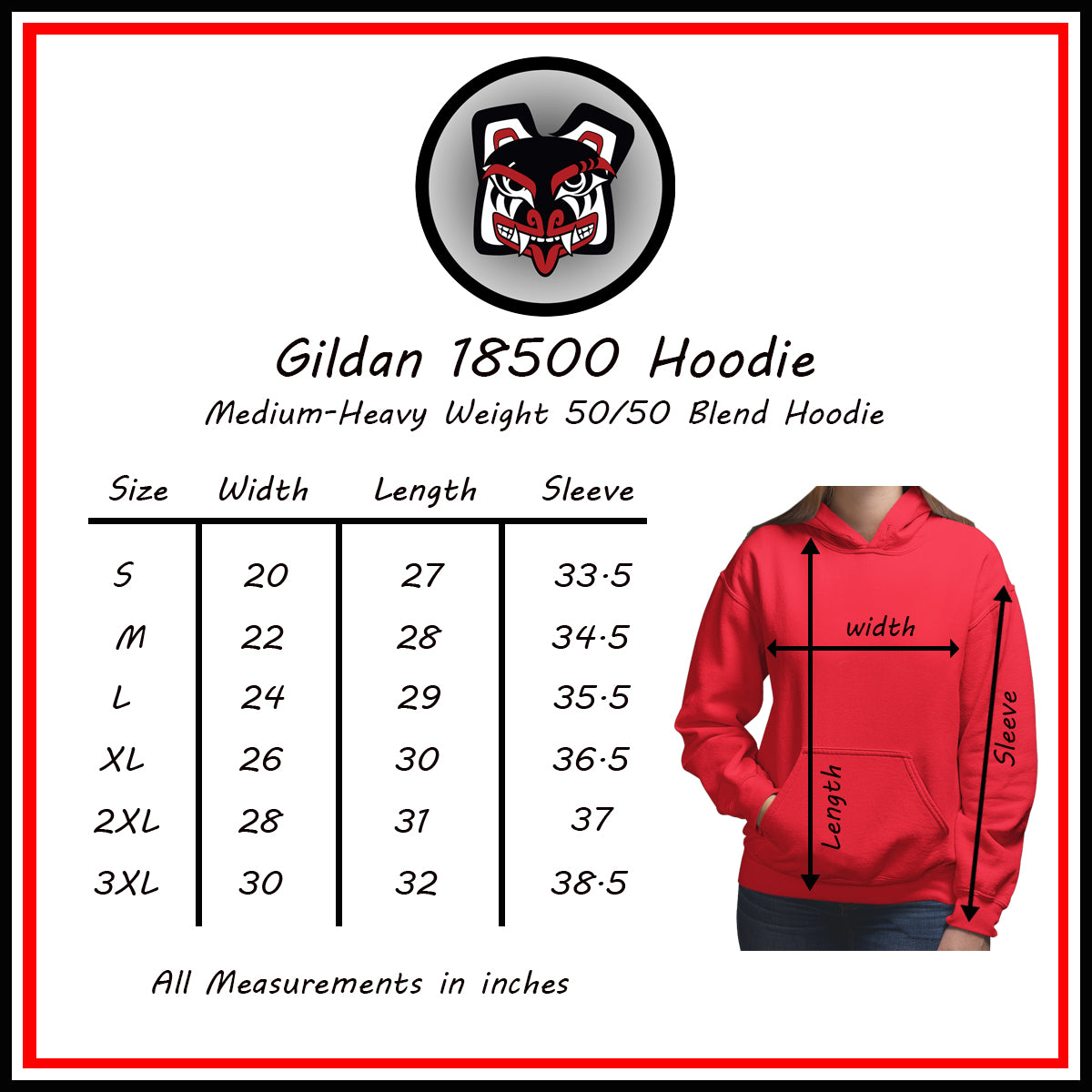 Salish Grant - Hummingbird Purple Butterfly Hoodie Coast Salish art Size Chart