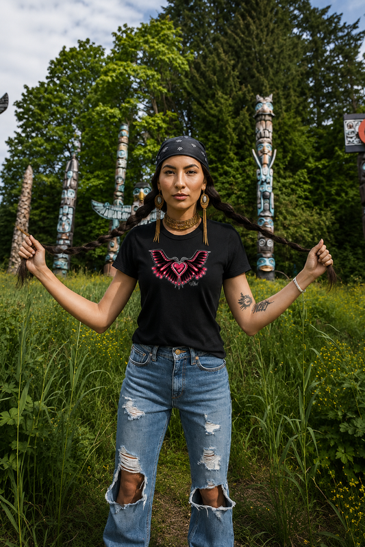 Love Birds Heart T-Shirt – One I Am One With Coast Salish Art for Women