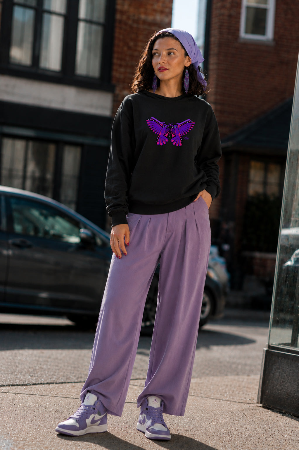 Hummingbird Purple Butterfly Sweatshirt – Coast Salish Art for Women
