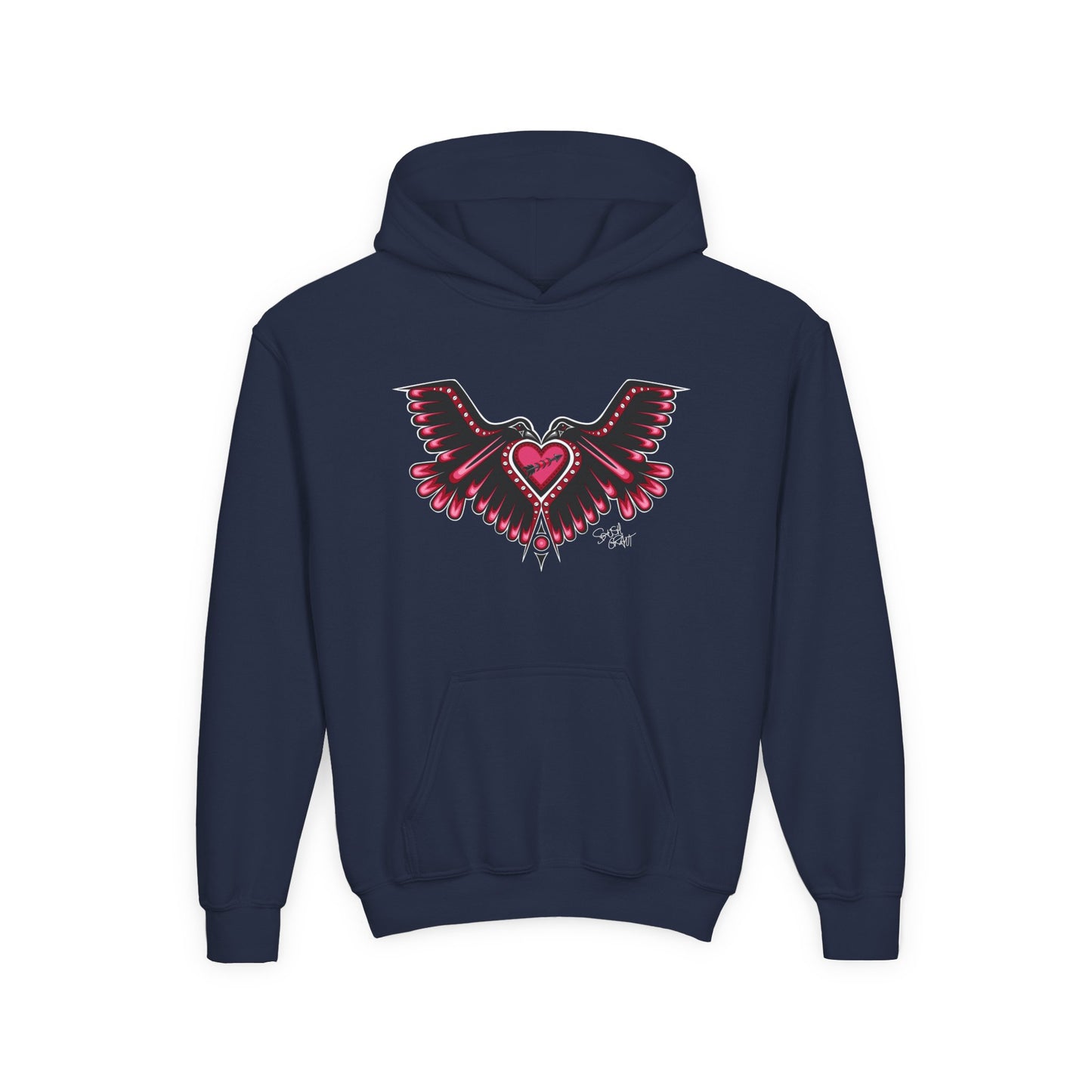 Love Birds Heart Kids Hoodie – One I Am One With Coast Salish Art for Children