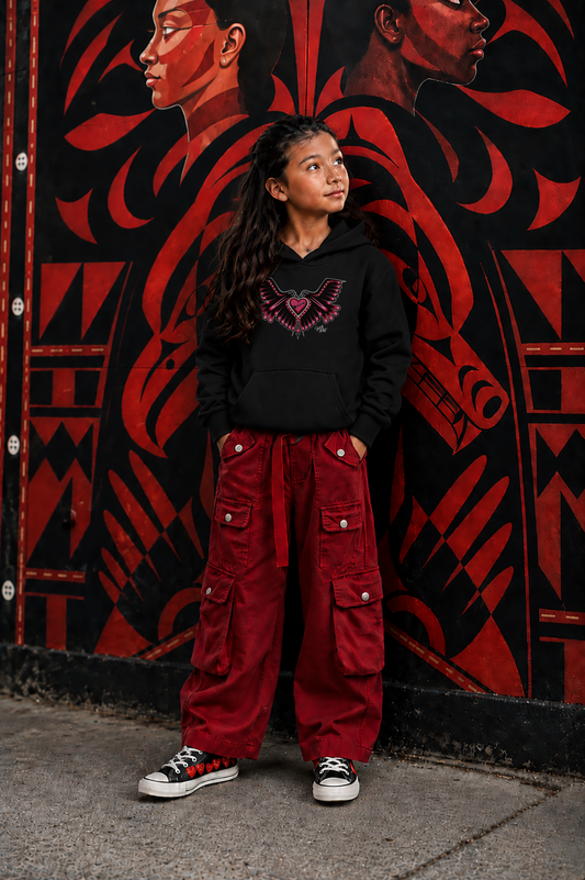 Love Birds Heart Kids Hoodie – One I Am One With Coast Salish Art for Children