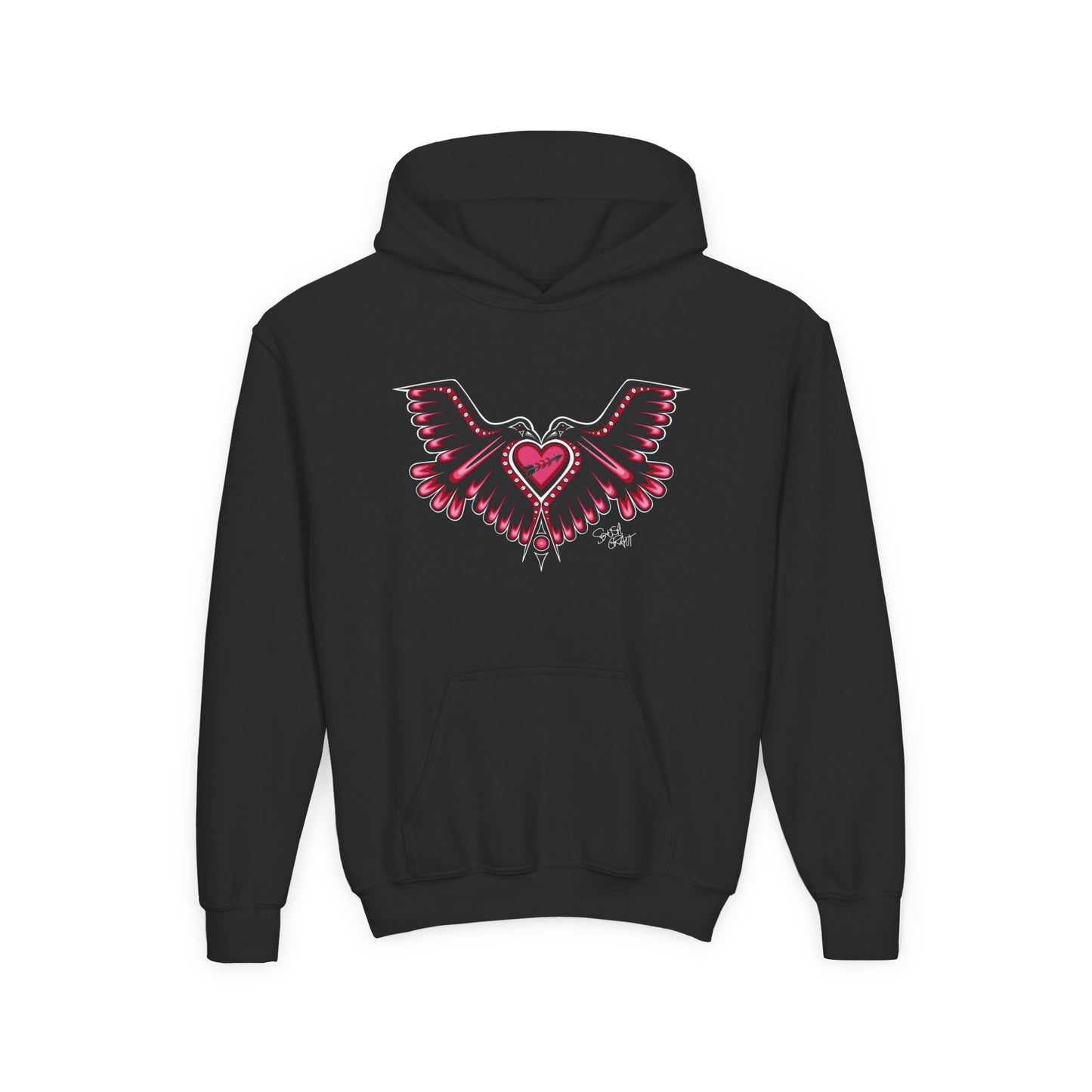 Love Birds Heart Kids Hoodie – One I Am One With Coast Salish Art for Children