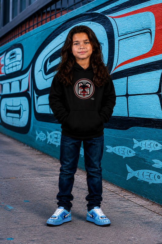 Papa Bear Baller Kids Hoodie – Coast Salish Bear Head Circle Crest for Children