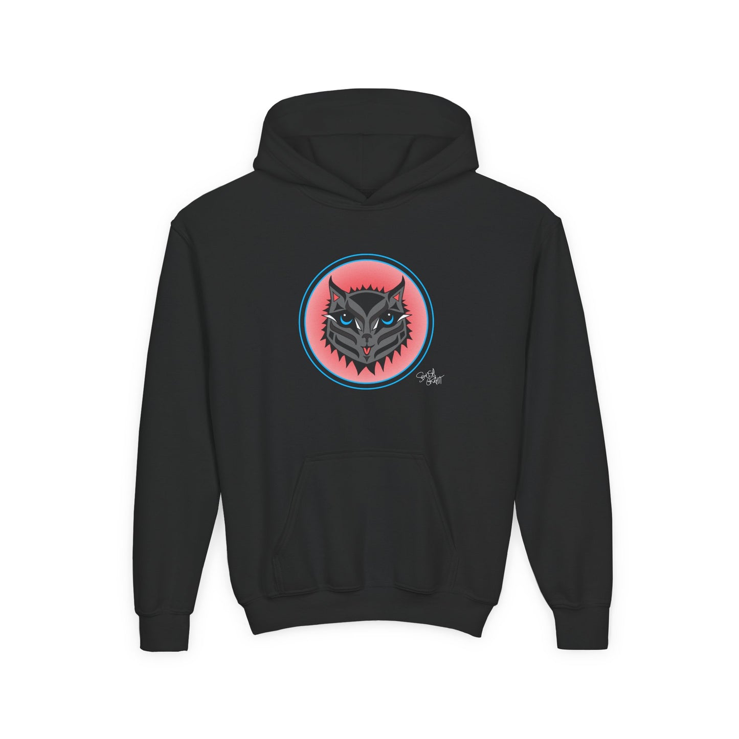 Boujee Rez Cat Salmon Baller Kids Hoodie – Coast Salish Cat Circle Crest for Children