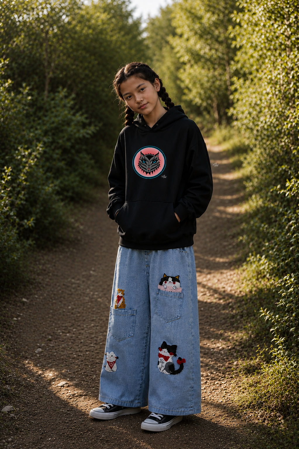 Boujee Rez Cat Salmon Baller Kids Hoodie – Coast Salish Cat Circle Crest for Children