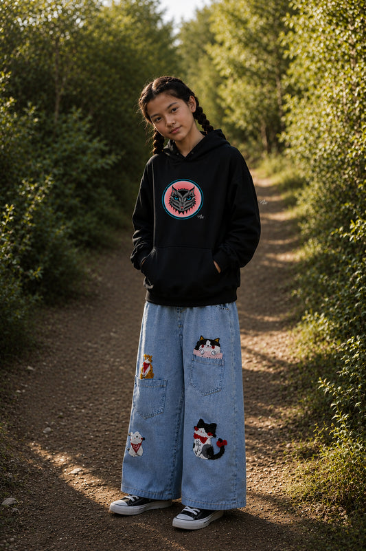 Boujee Rez Cat Salmon Baller Kids Hoodie – Coast Salish Cat Circle Crest for Children