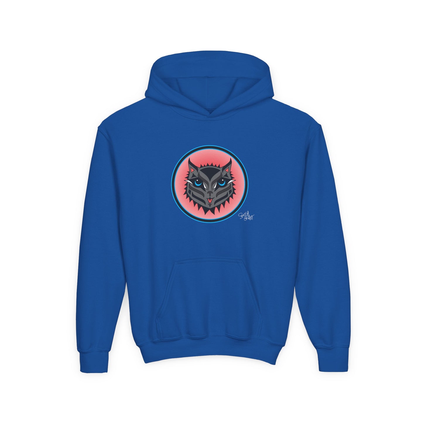 Boujee Rez Cat Salmon Baller Kids Hoodie – Coast Salish Cat Circle Crest for Children