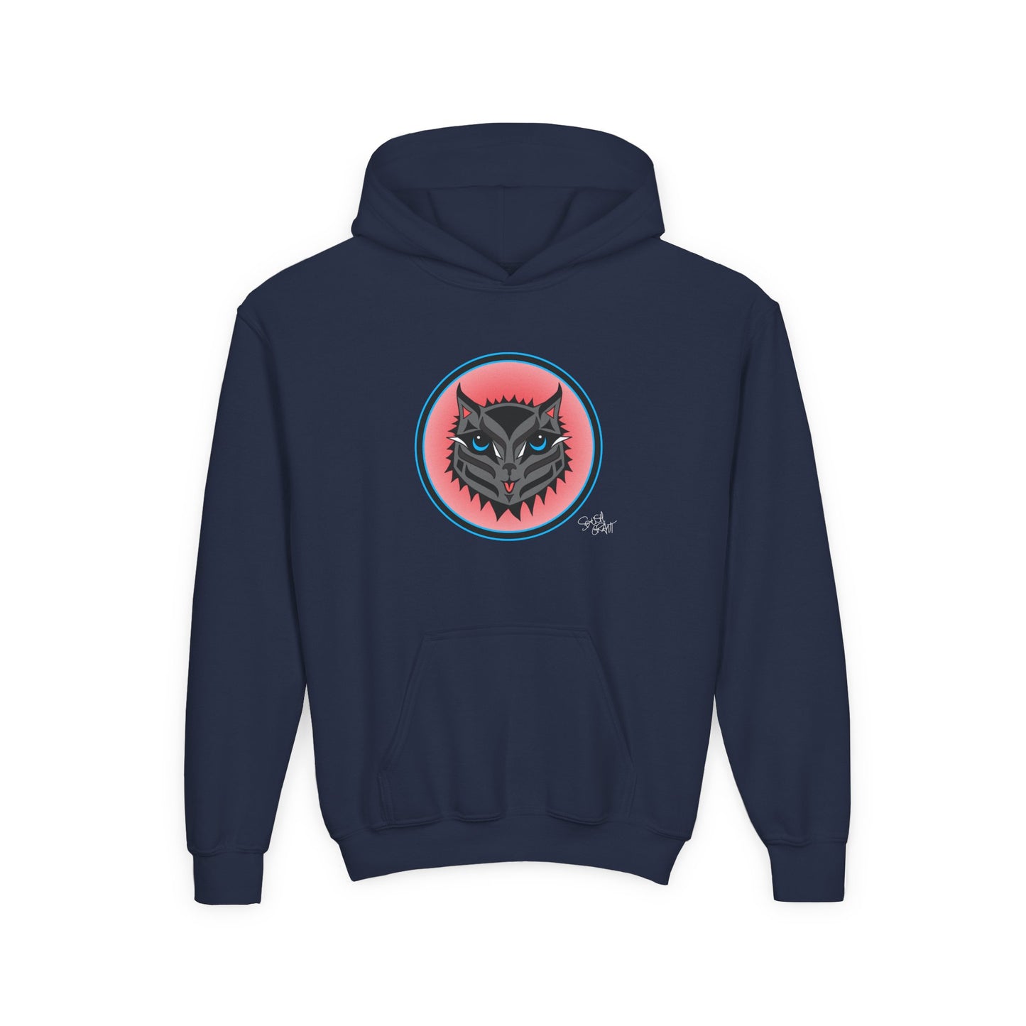 Boujee Rez Cat Salmon Baller Kids Hoodie – Coast Salish Cat Circle Crest for Children