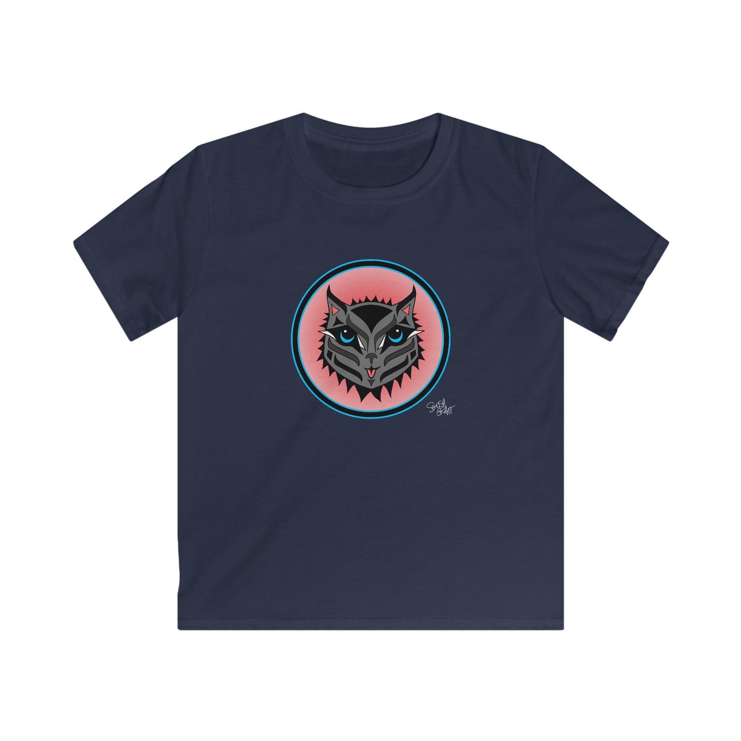 Boujee Rez Cat Salmon Baller Kids T-Shirt – Coast Salish Cat Circle Crest for Children