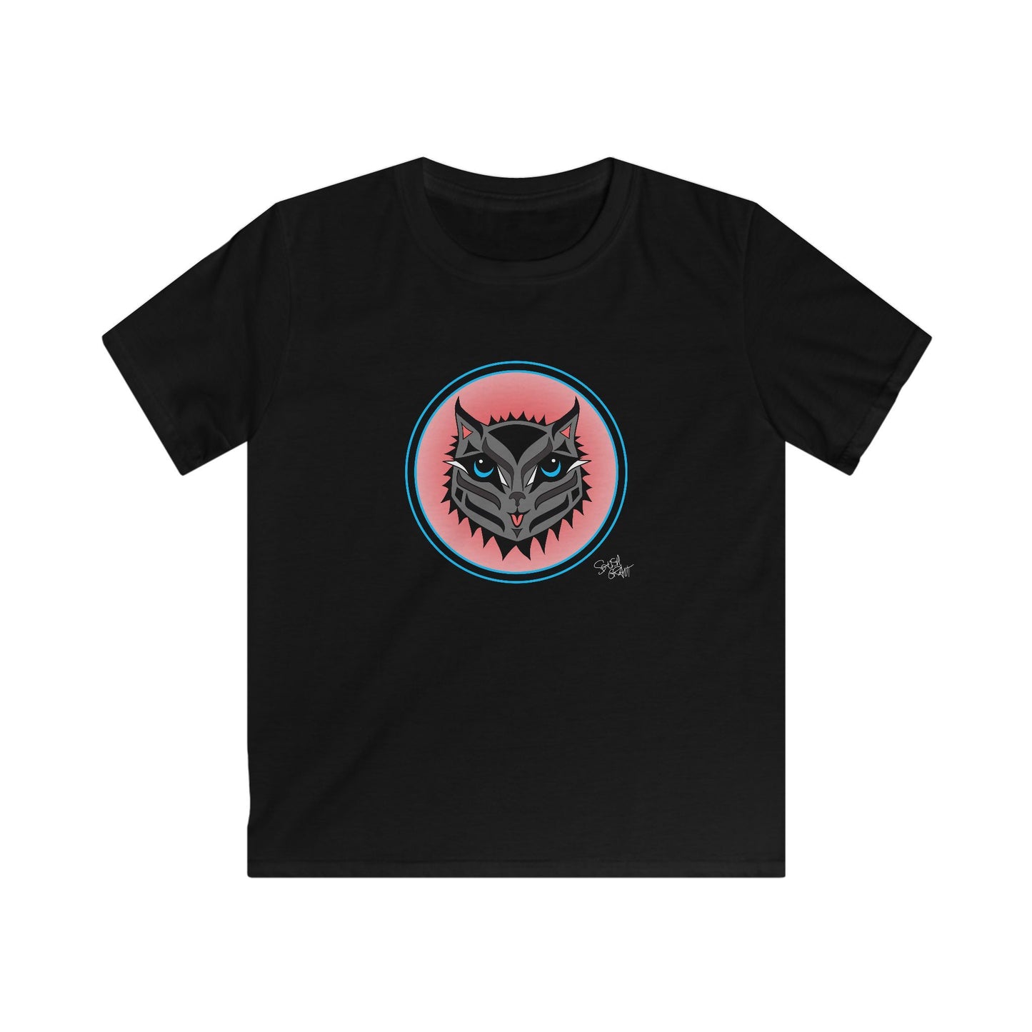 Boujee Rez Cat Salmon Baller Kids T-Shirt – Coast Salish Cat Circle Crest for Children