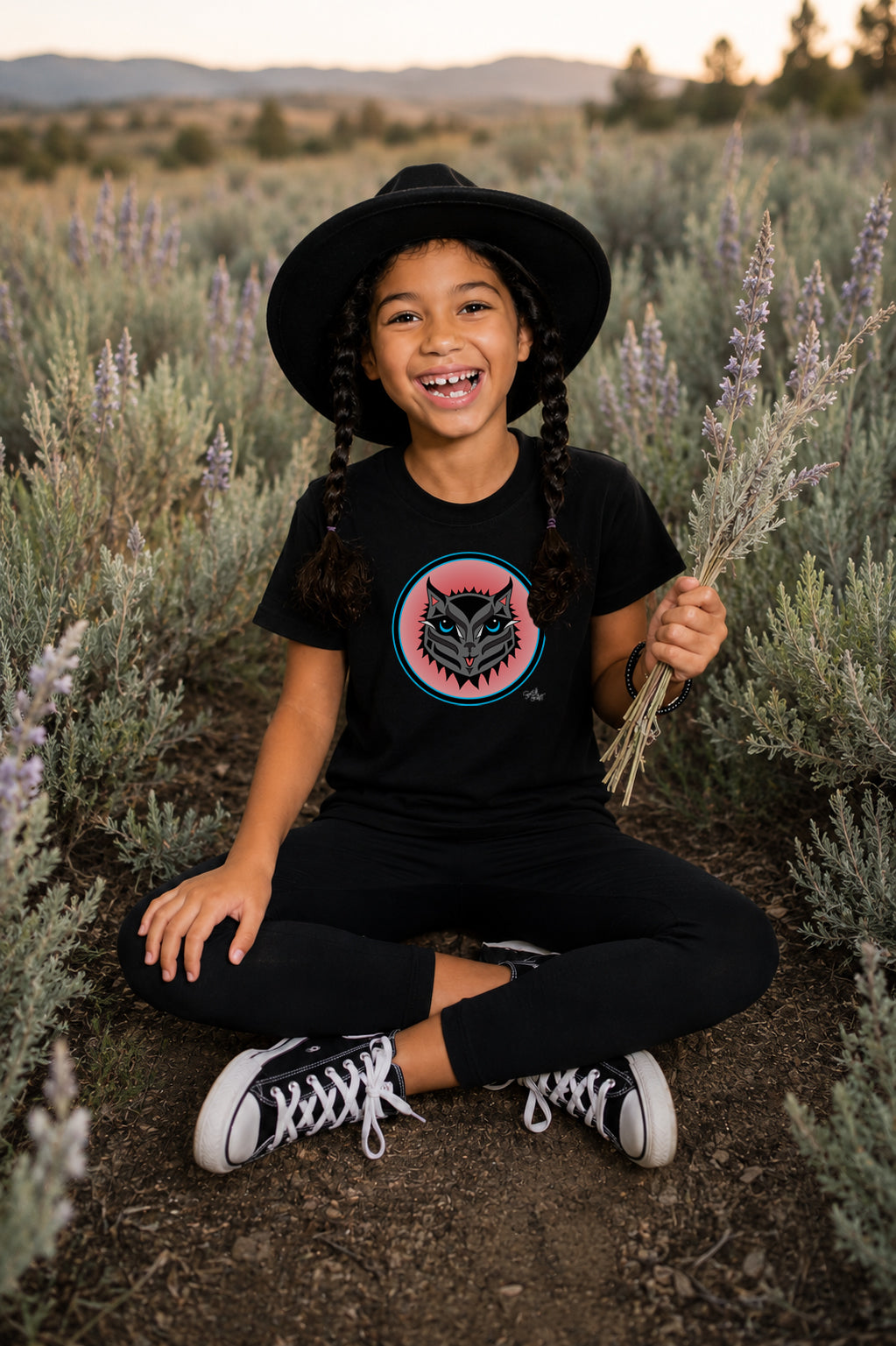 Boujee Rez Cat Salmon Baller Kids T-Shirt – Coast Salish Cat Circle Crest for Children