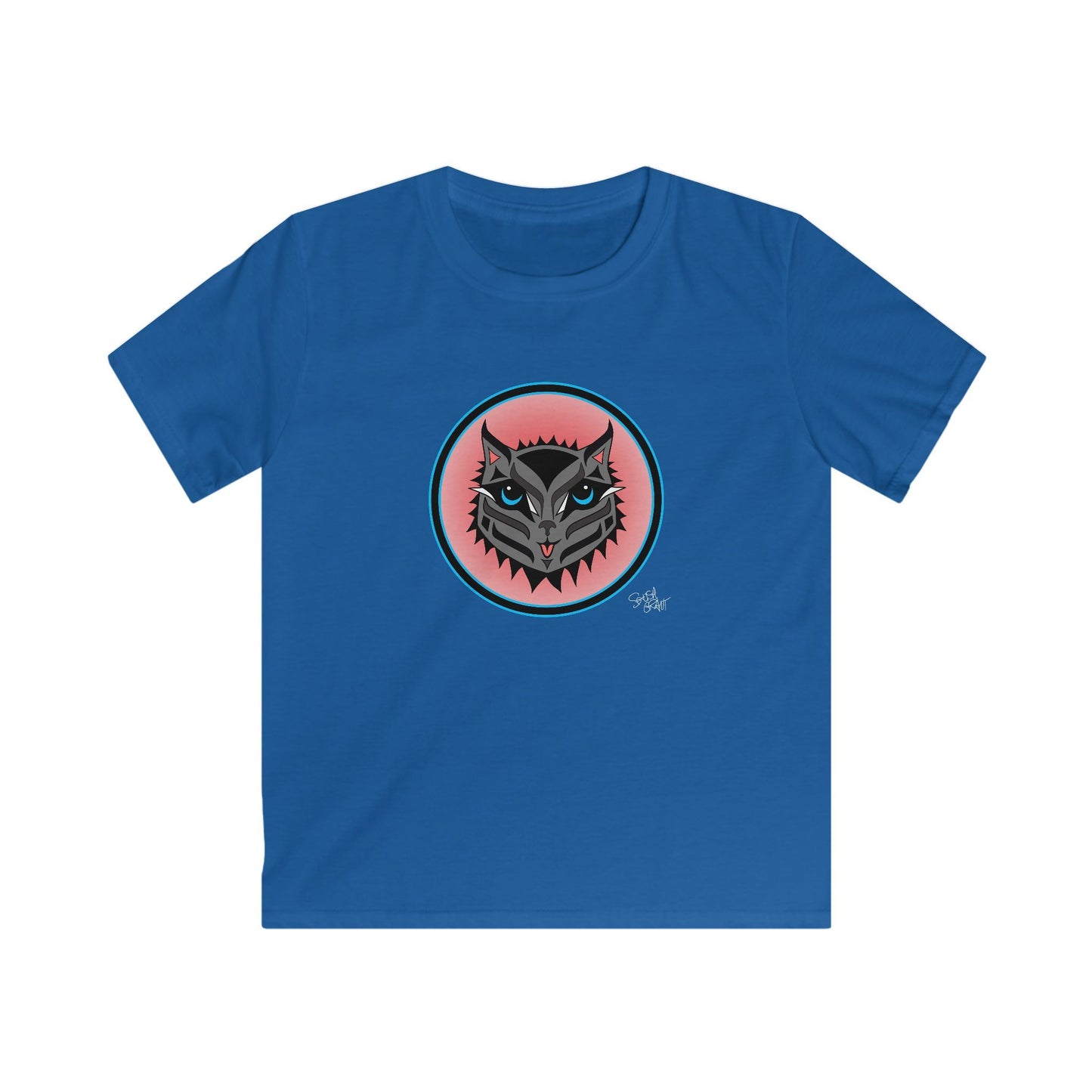 Boujee Rez Cat Salmon Baller Kids T-Shirt – Coast Salish Cat Circle Crest for Children