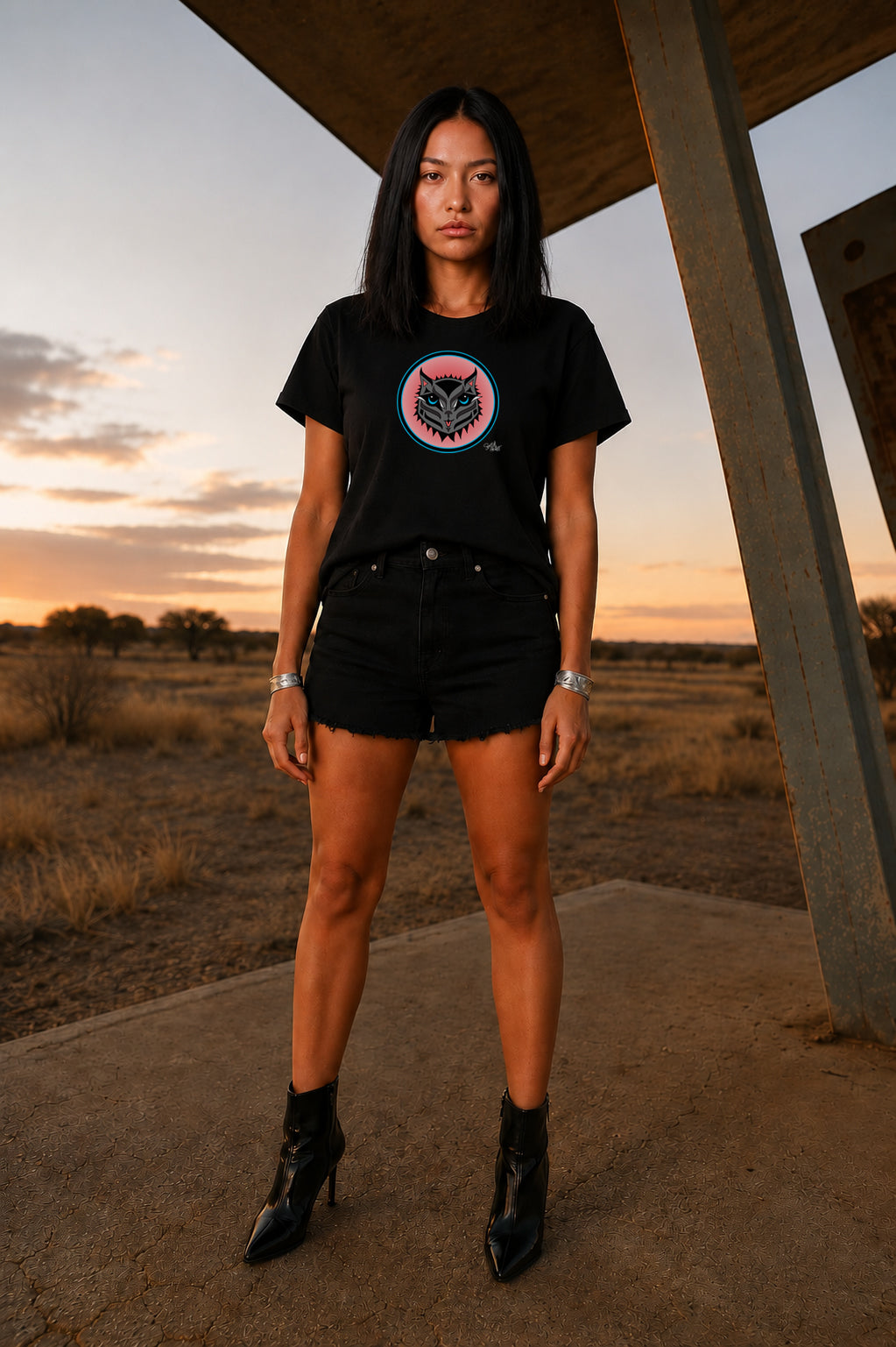 Boujee Rez Cat Salmon Baller Circle Crest T-Shirt – Coast Salish Cat Art for Women