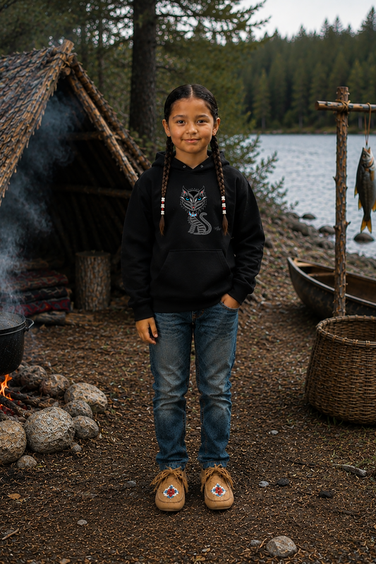 Boujee Rez Cat Kids Hoodie – Coast Salish Cat Art for Children