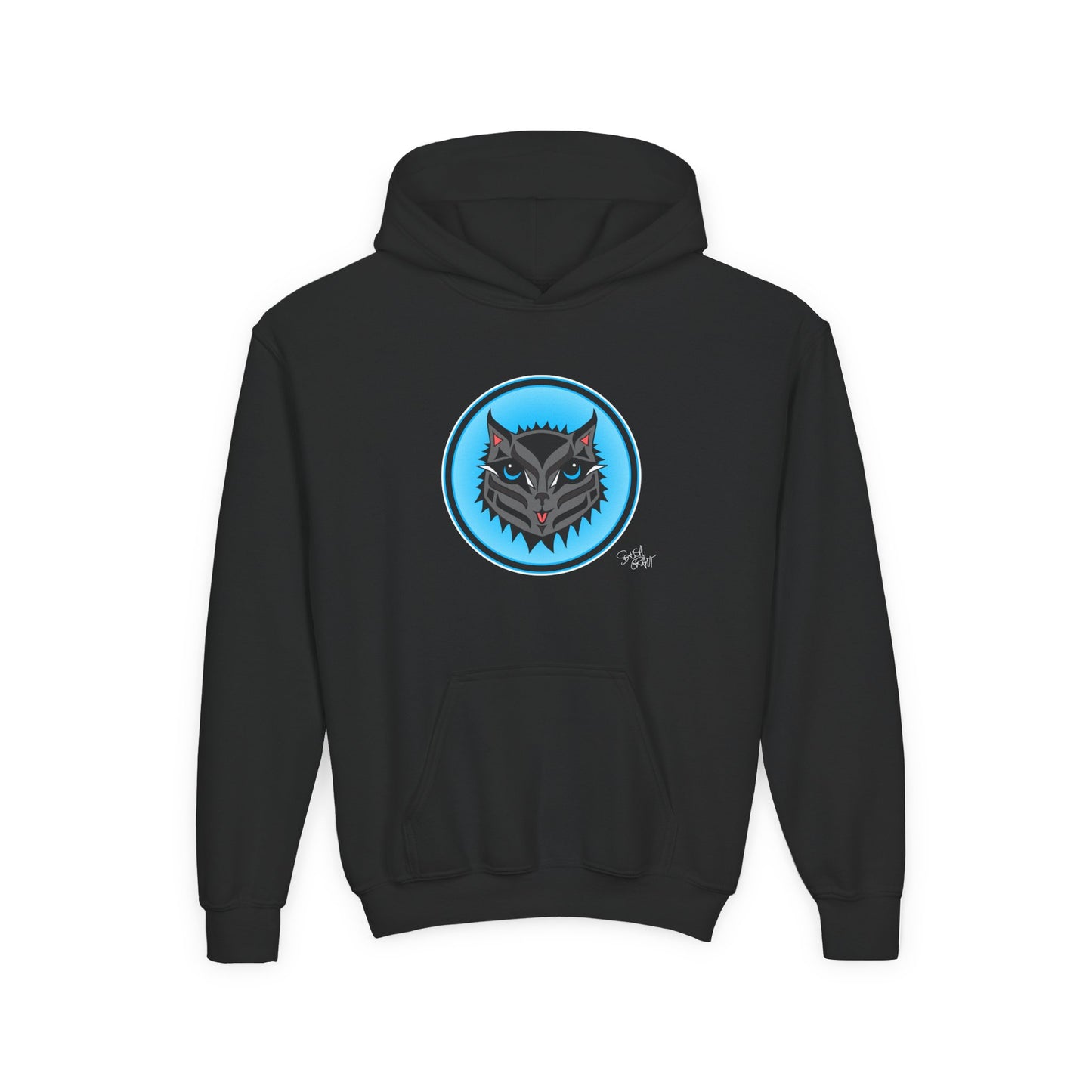 Boujee Rez Cat Blue Baller Kids Hoodie – Coast Salish Cat Circle Crest for Children