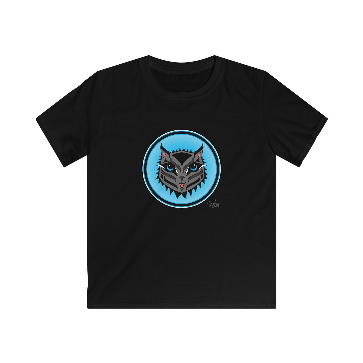 Boujee Rez Cat Blue Baller Kids T-Shirt – Coast Salish Cat Circle Crest for Children