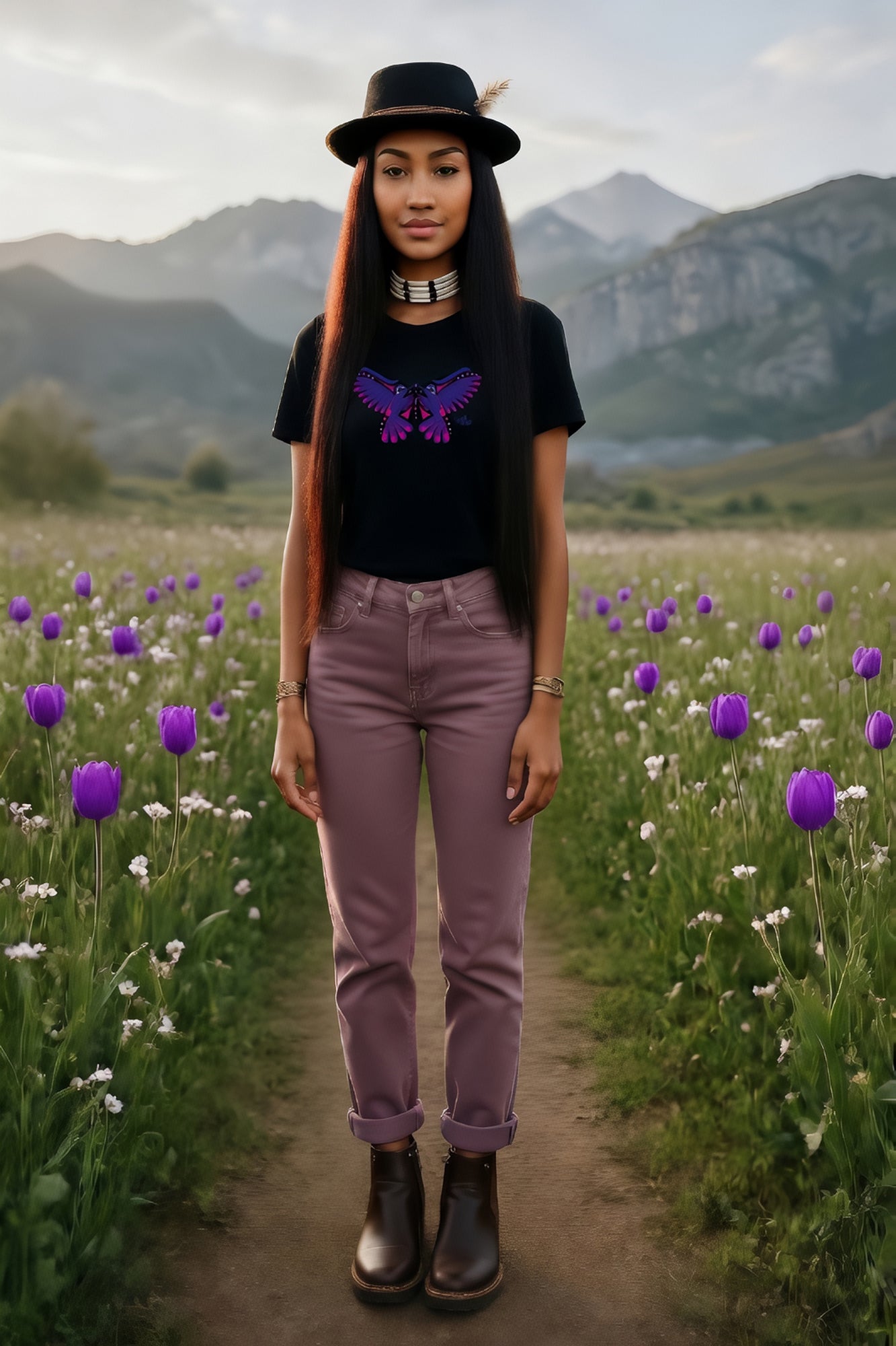 Hummingbird Purple Butterfly Coast Salish T-Shirt for Women – Original Indigenous Art