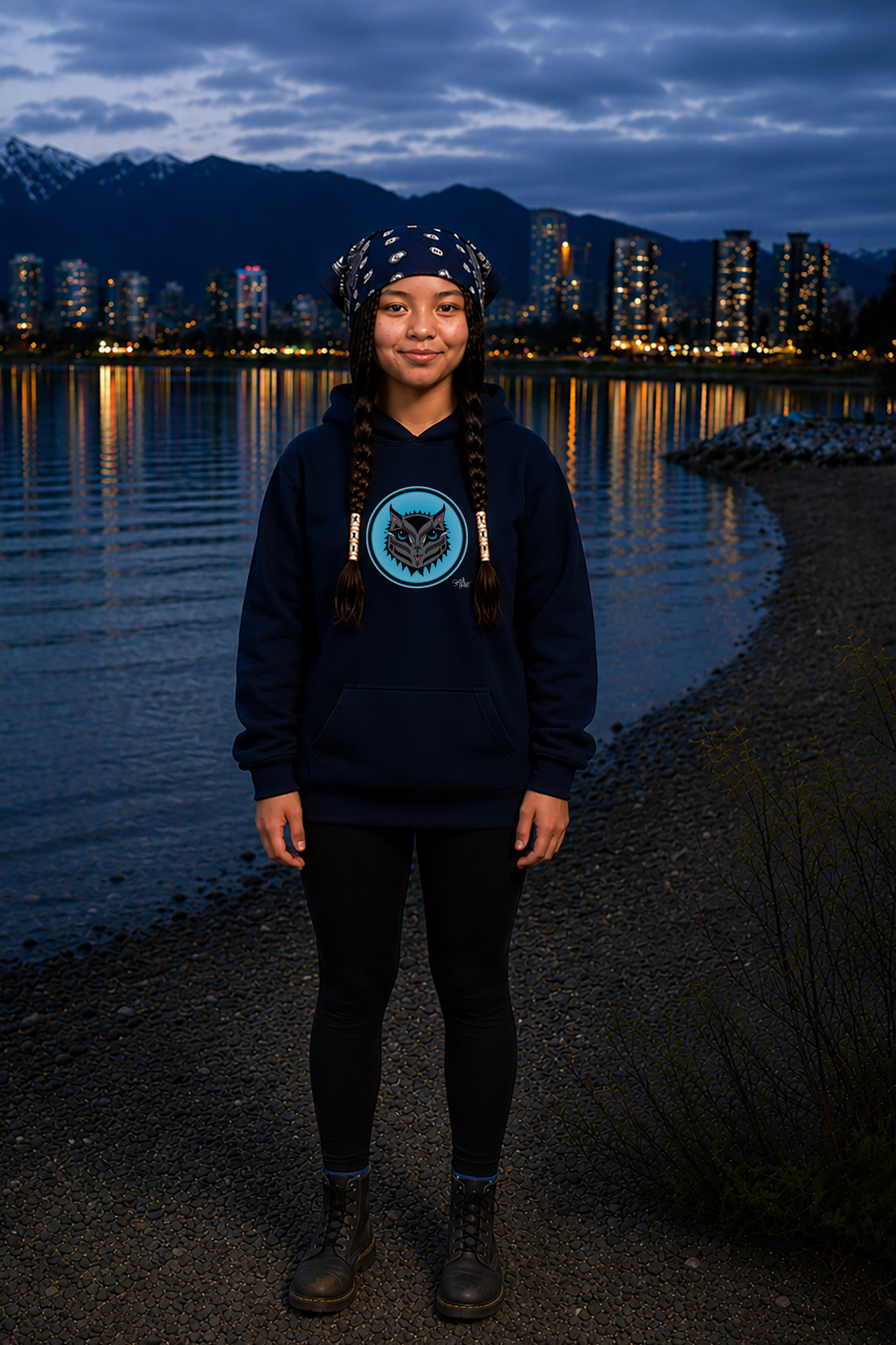 Boujee Rez Cat Blue Baller Kids Hoodie – Coast Salish Cat Circle Crest for Children