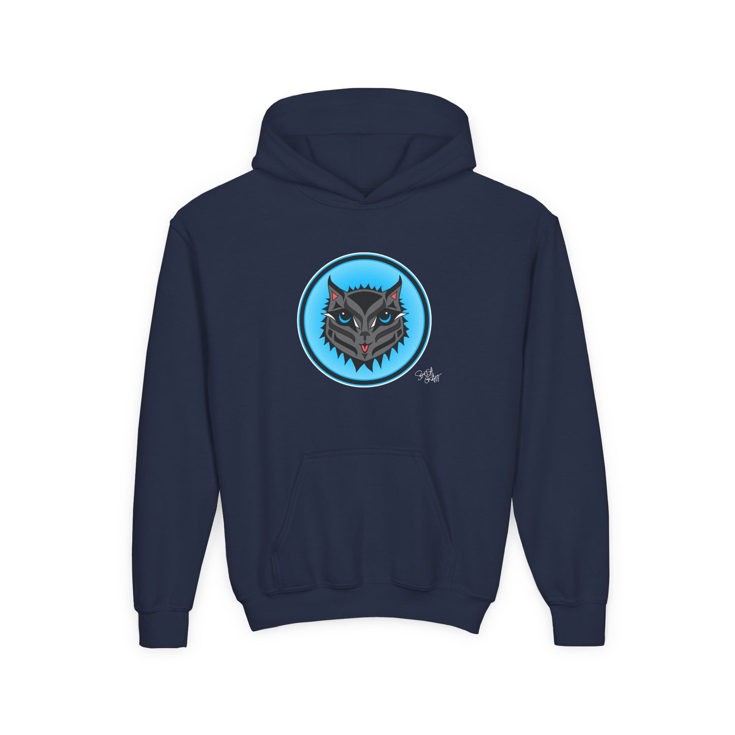 Boujee Rez Cat Blue Baller Kids Hoodie – Coast Salish Cat Circle Crest for Children