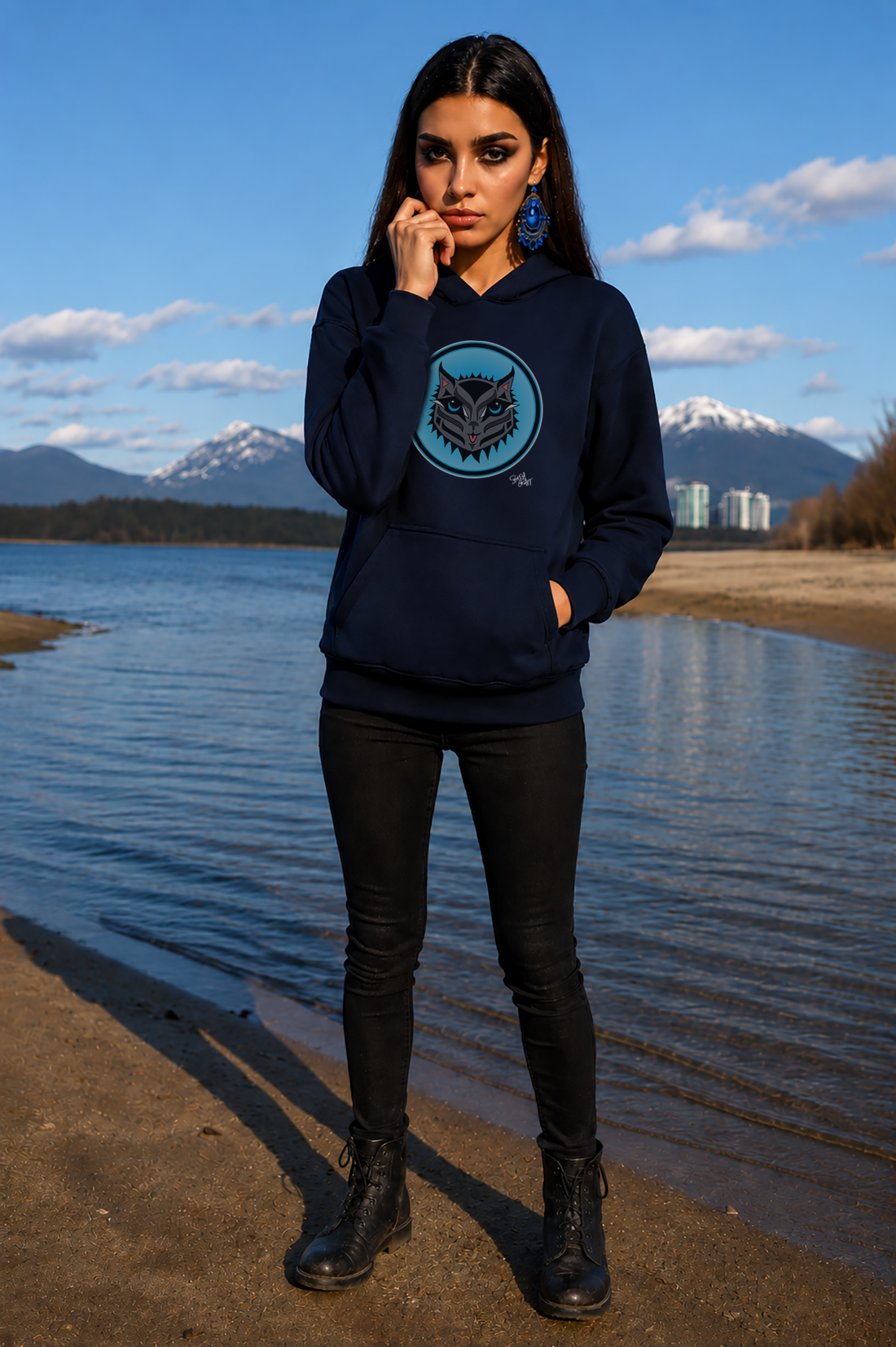 Boujee Rez Cat Blue Baller Hoodie – Coast Salish Cat Circle Crest for Women