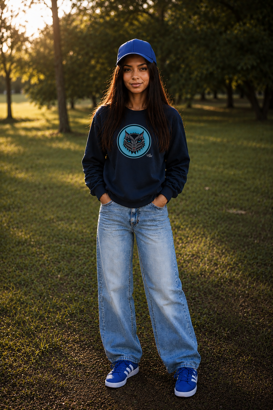 Boujee Rez Cat Blue Baller Sweatshirt – Coast Salish Cat Circle Crest for Women