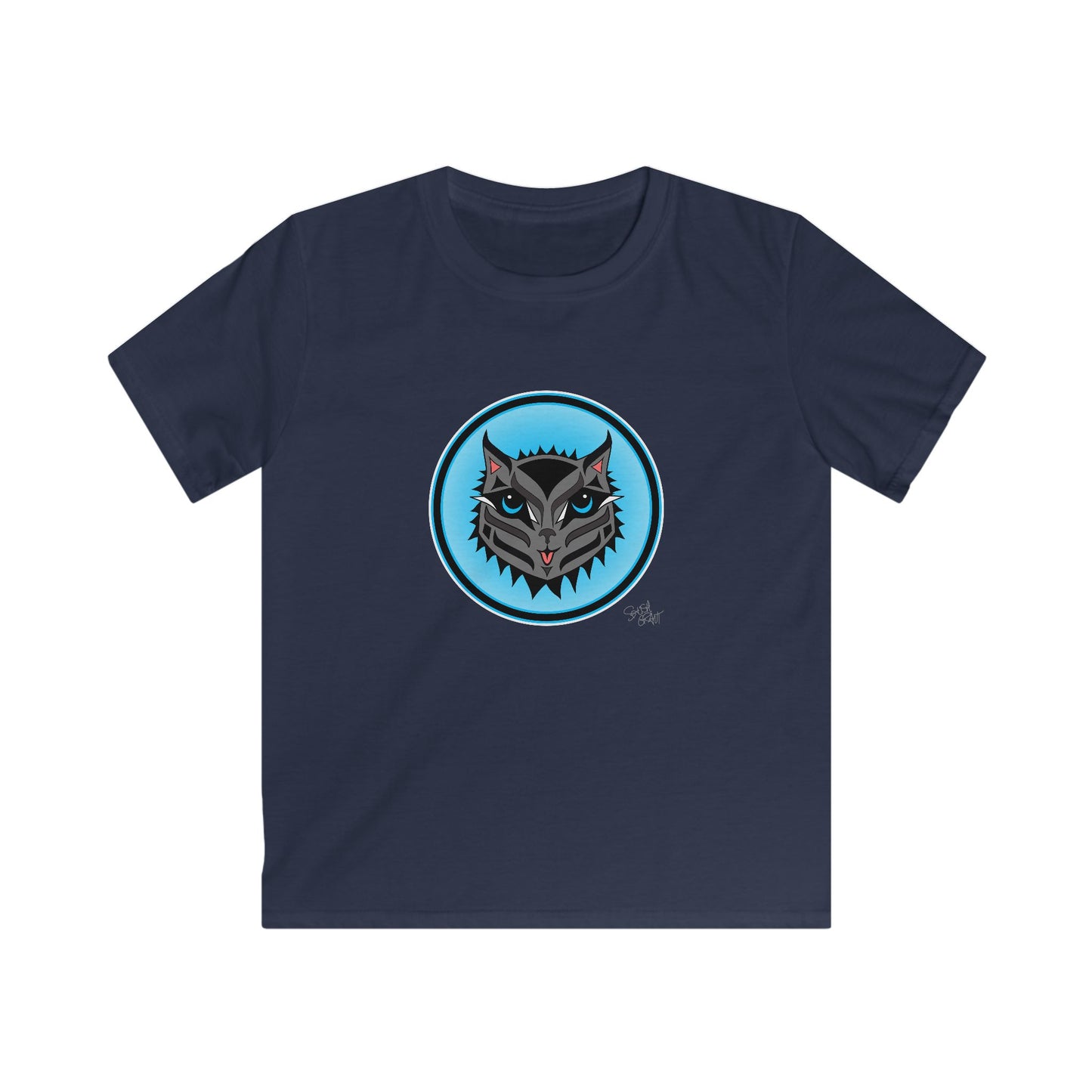 Boujee Rez Cat Blue Baller Kids T-Shirt – Coast Salish Cat Circle Crest for Children