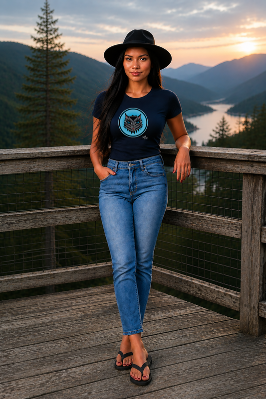 Boujee Rez Cat Blue Baller Circle Crest T-Shirt – Coast Salish Cat Art for Women