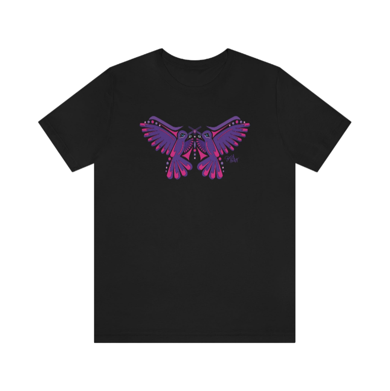 Close up detailed view of original Salish Grant Coast Salish art featuring hummingbird and purple butterfly printed on black cotton t-shirt