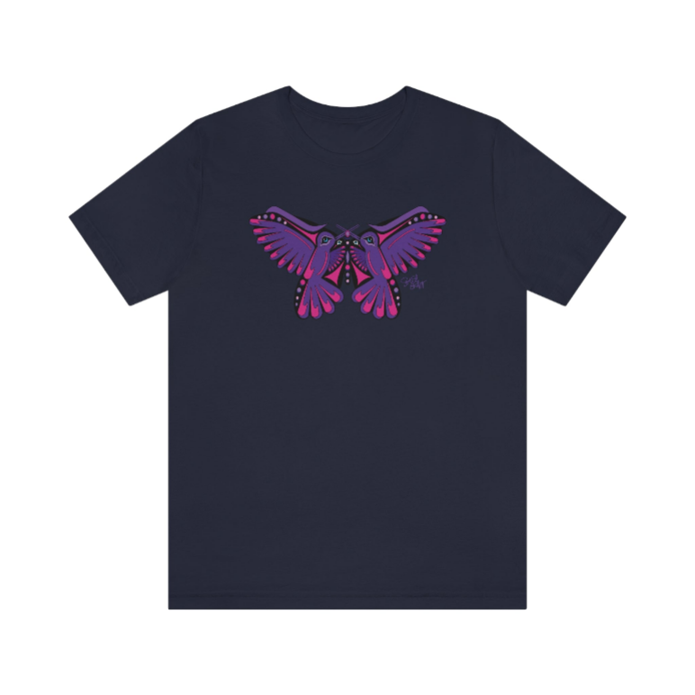 Close up detailed view of original Salish Grant Coast Salish art featuring hummingbird and purple butterfly printed on navy blue cotton t-shirt