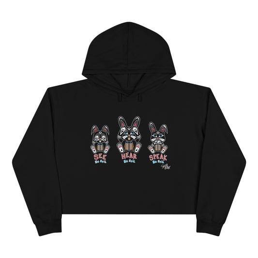 Salish Grant - See Hear Speak No Evil Crop Hoodie Coast Salish art Black