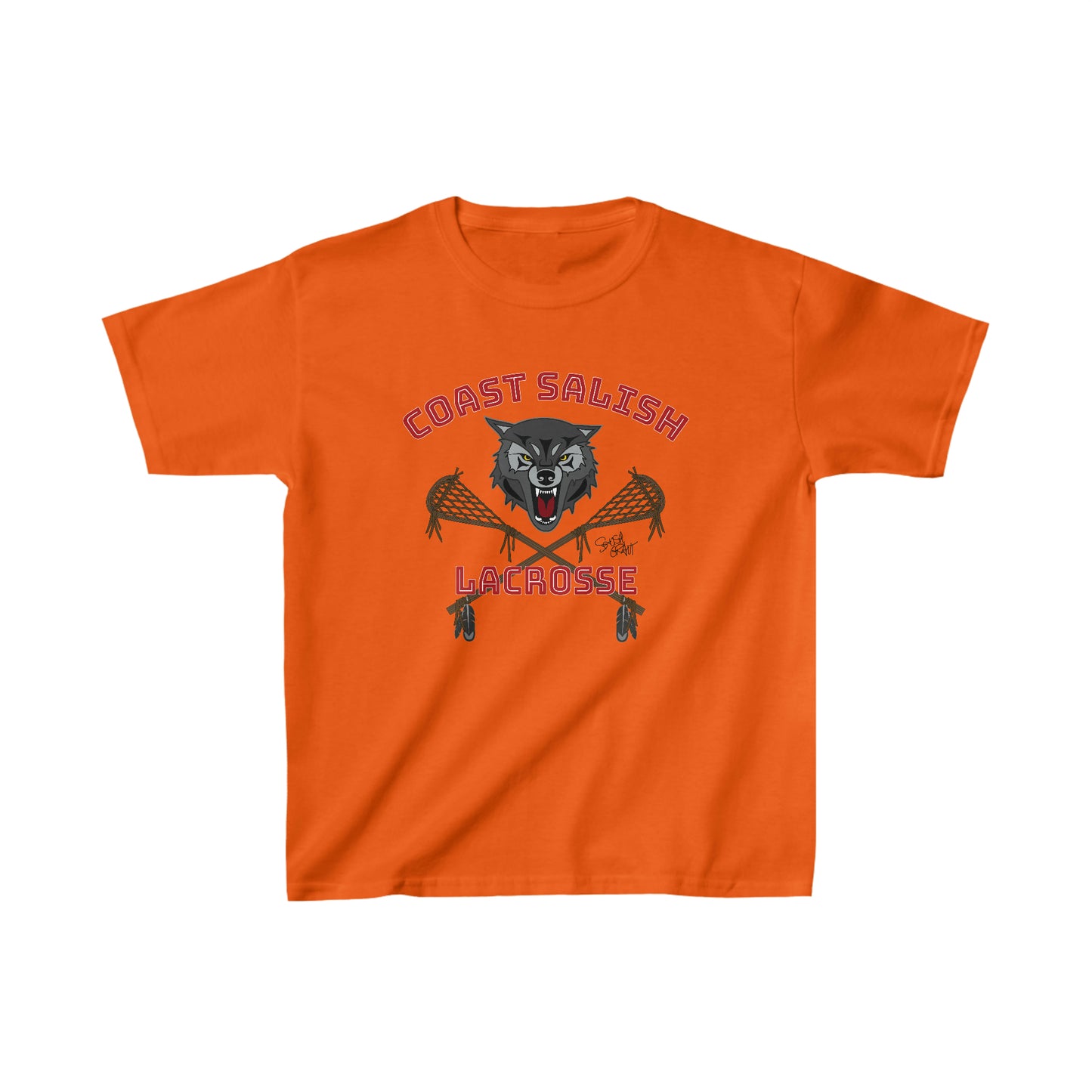 Salish Grant - Wolf Pack Lacrosse Team Kid's T-shirt Coast Salish art Orange Day