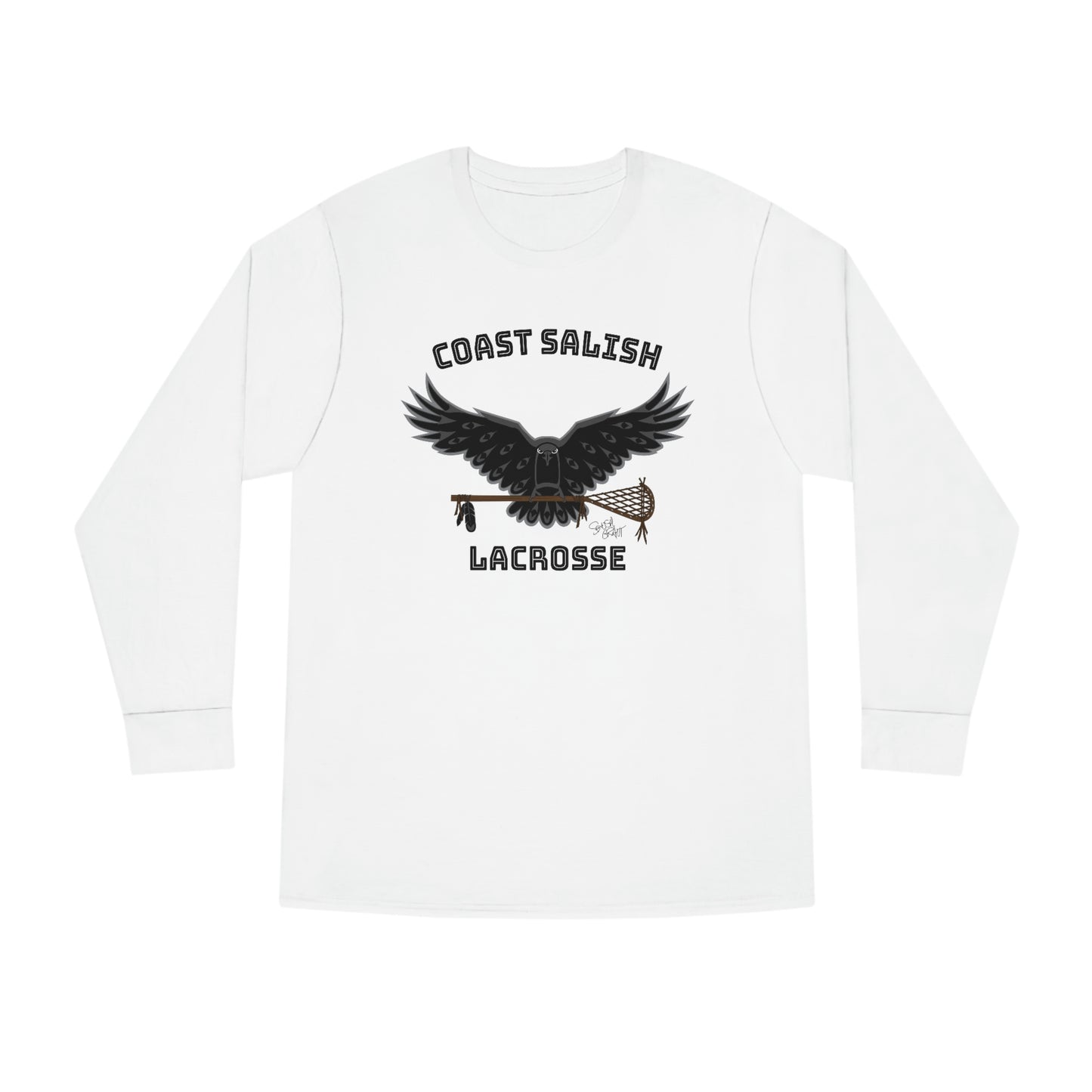 Salish Grant - Crows Lacrosse Team Long Sleeve T-shirt Authentic Coast Salish art White