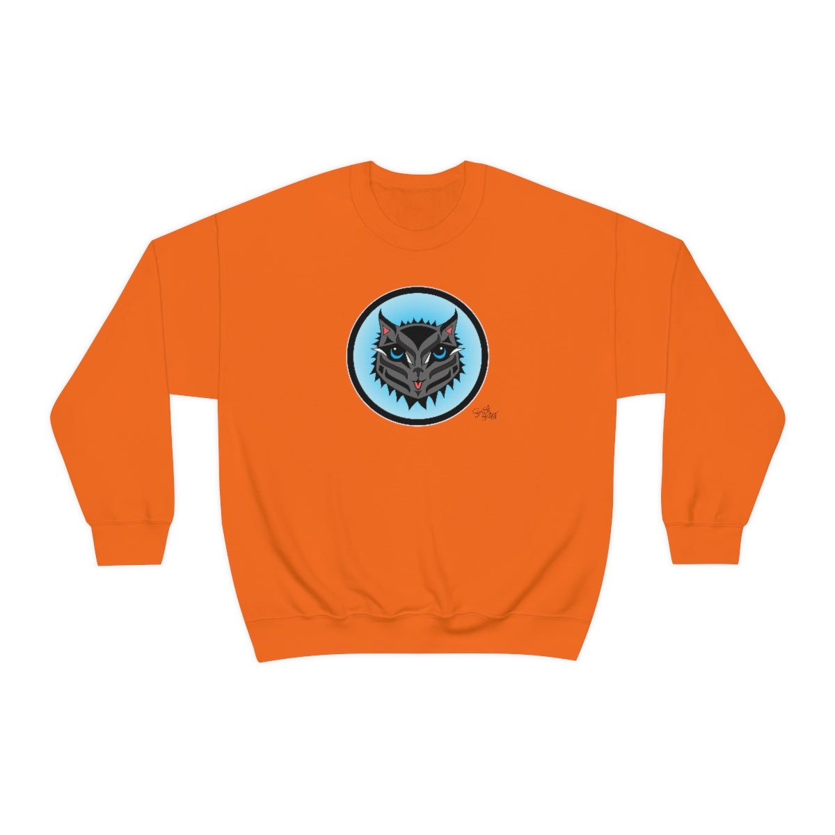 Salish Grant - Boujee Rez Cat Blue Baller sweatshirt Coast Salish art Orange