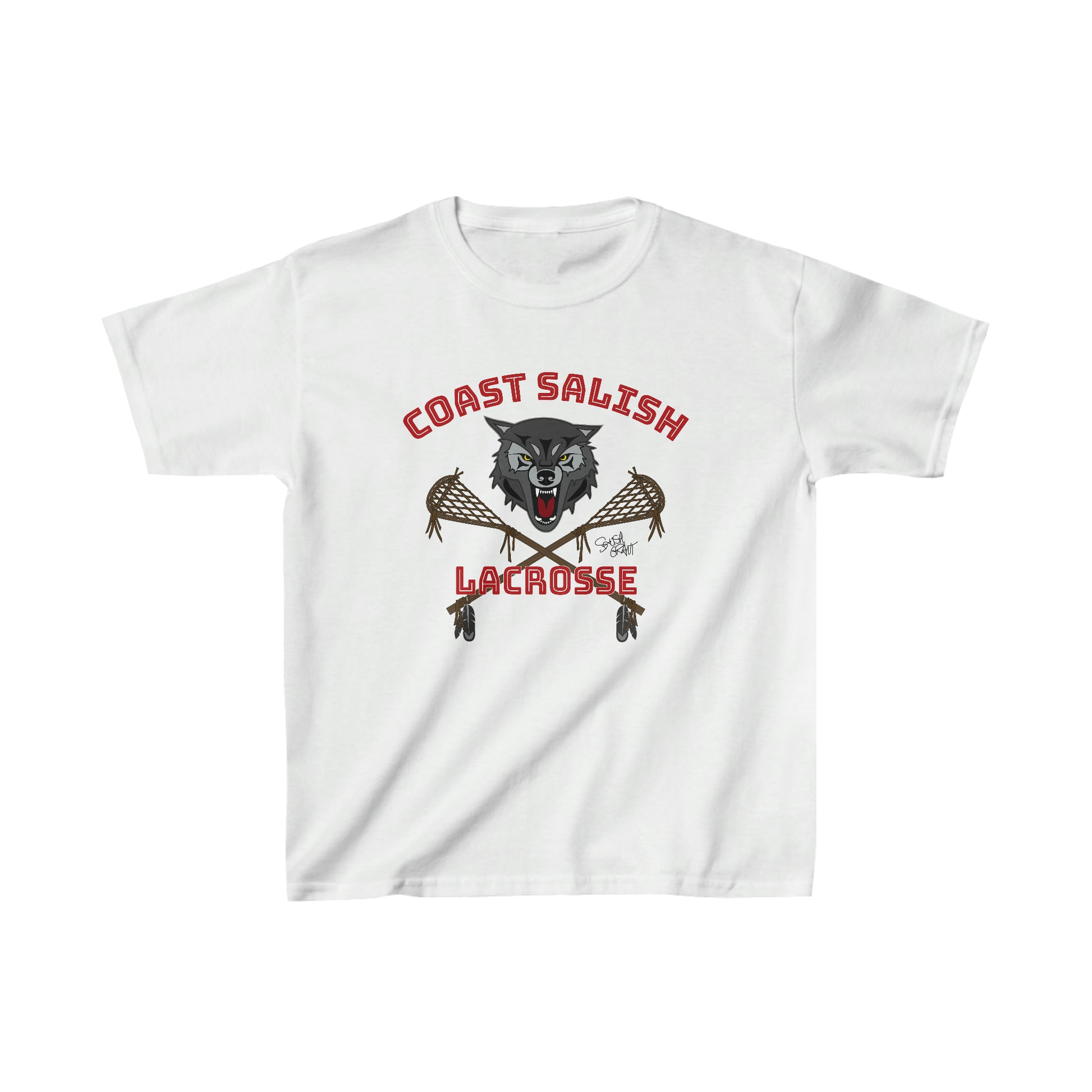 Salish Grant - Wolf Pack Lacrosse Team Kid's T-shirt Coast Salish art White