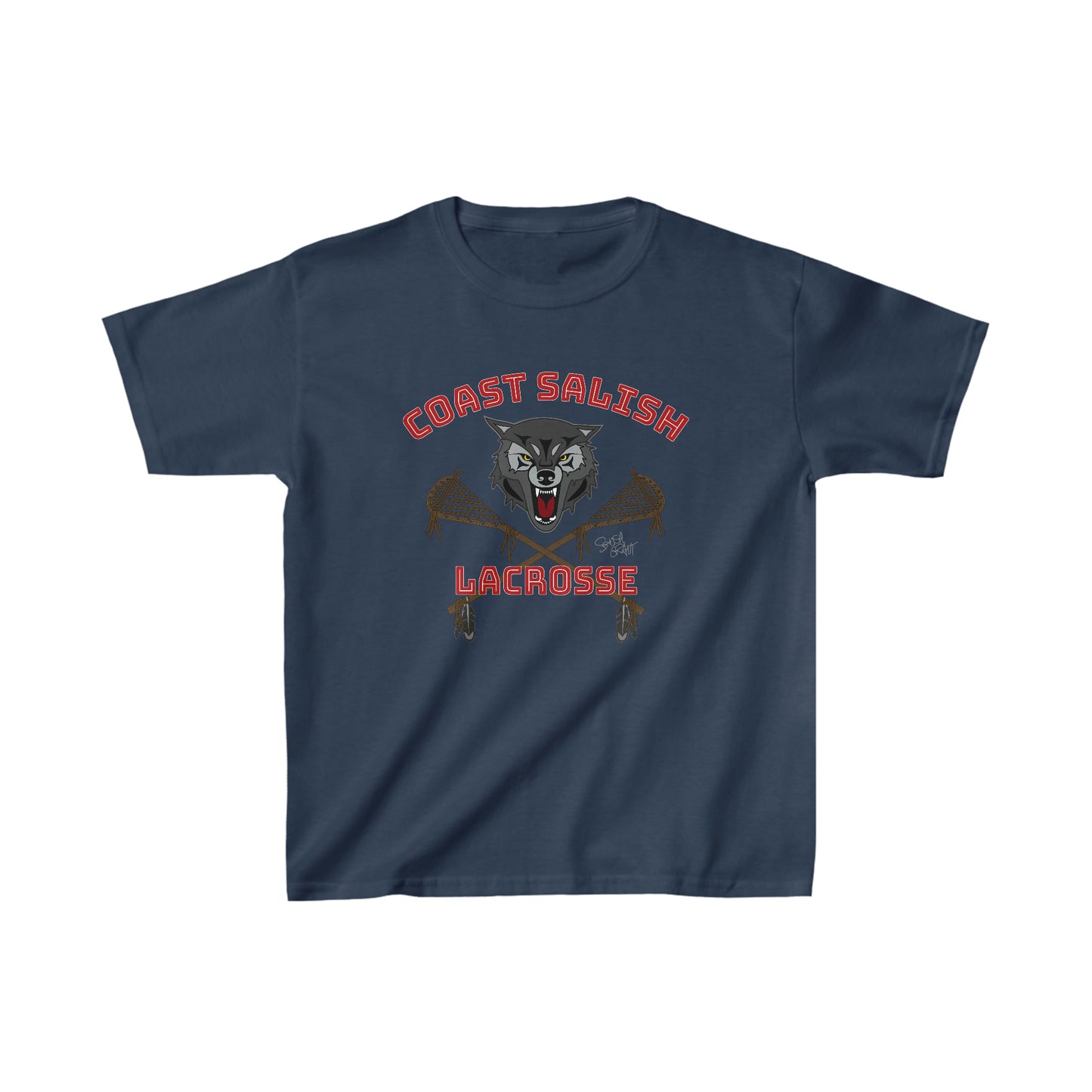 Salish Grant - Wolf Pack Lacrosse Team Kid's T-shirt Coast Salish art Navy Blue