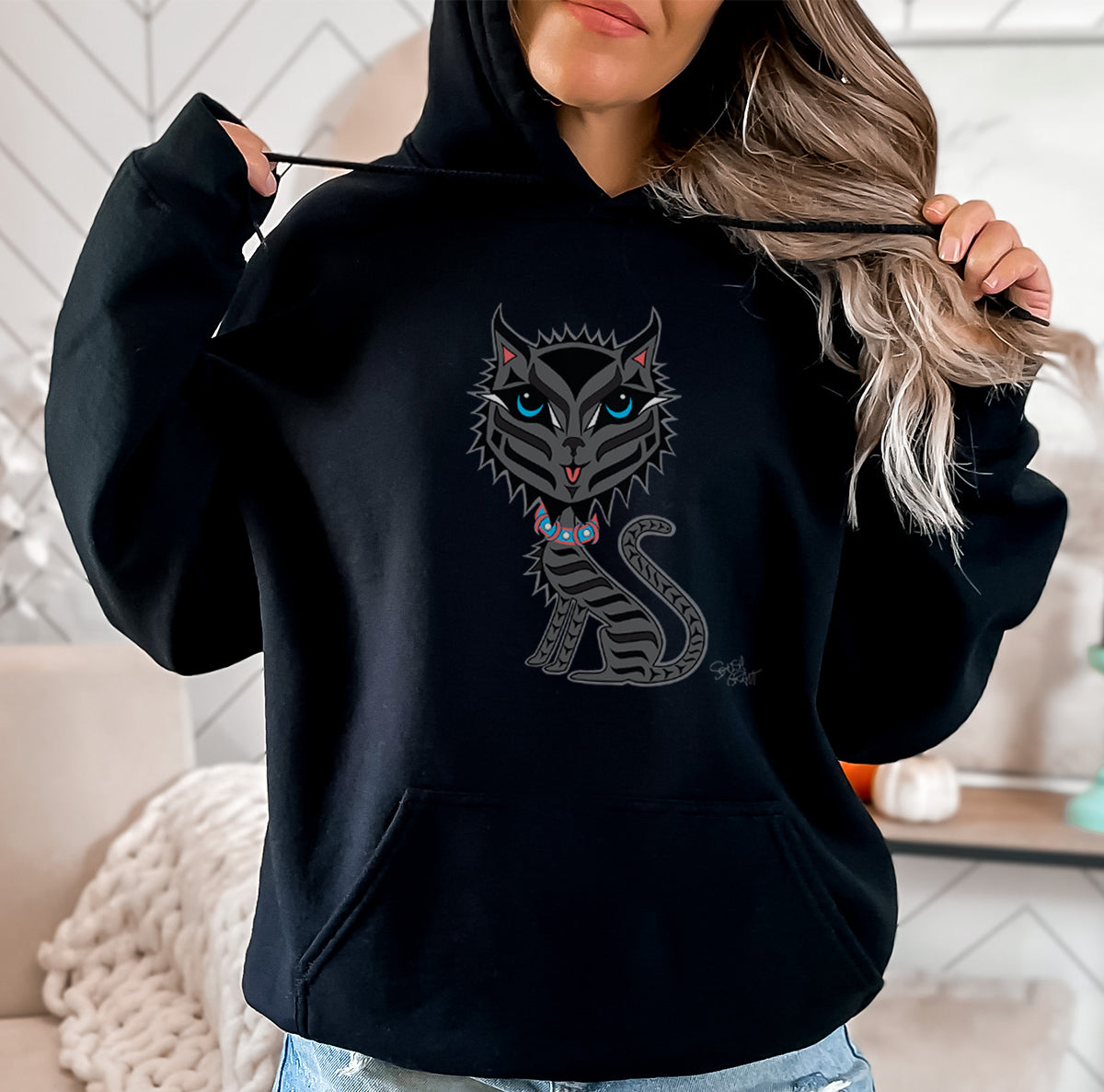 Salish Grant - Boujee Rez Cat Hoodie authentic Coast Salish art Black