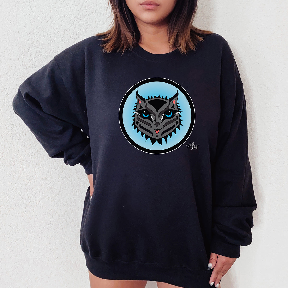 Salish Grant - Boujee Rez Cat Blue Baller sweatshirt Coast Salish art Navy Blue