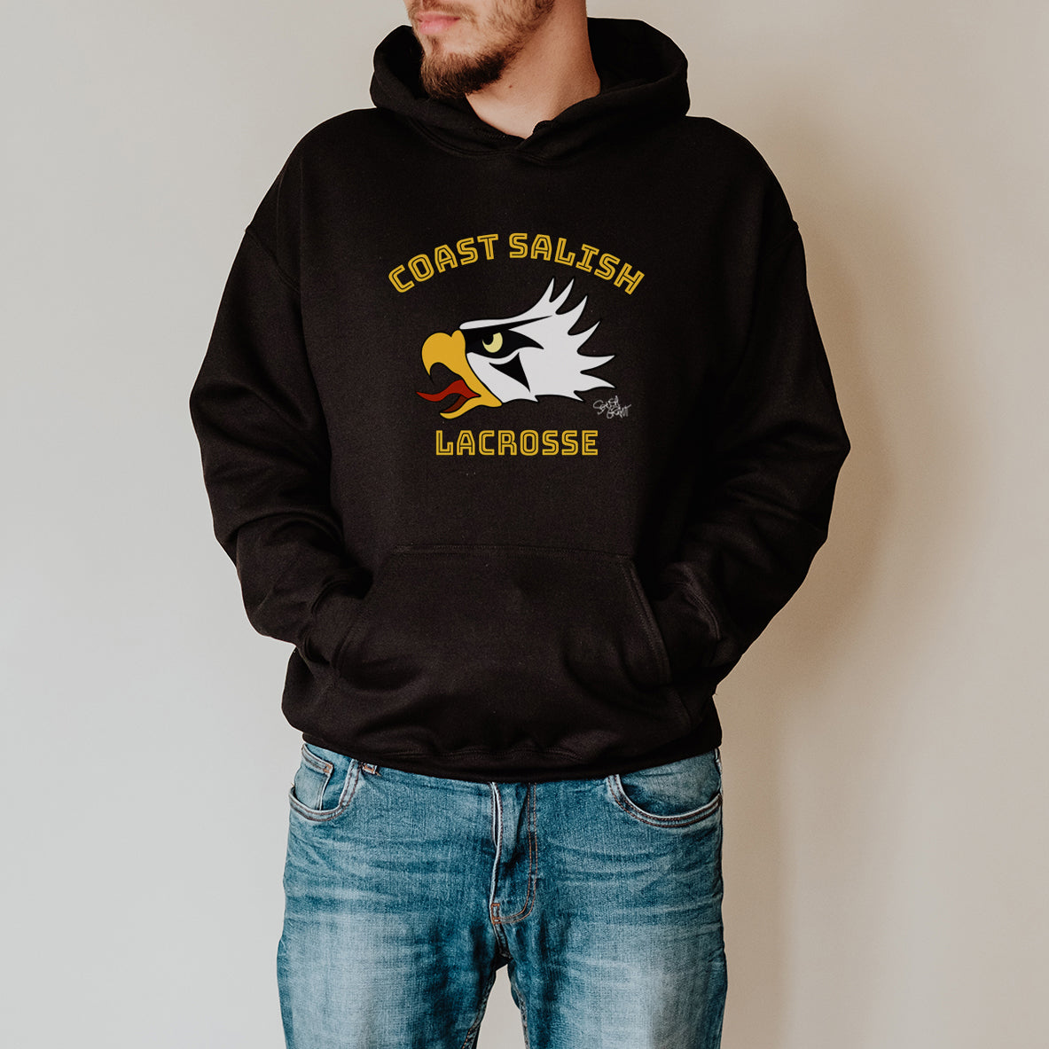 Salish Grant - Eagle Head Lacrosse Team Hoodie Coast Salish art Canada Black