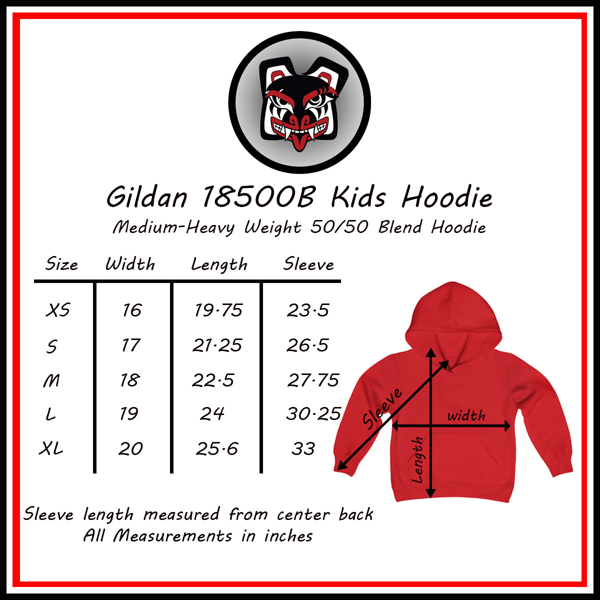 Salish Grant - Papa Bear Kid's Hoodie authentic Coast Salish art Size Chart