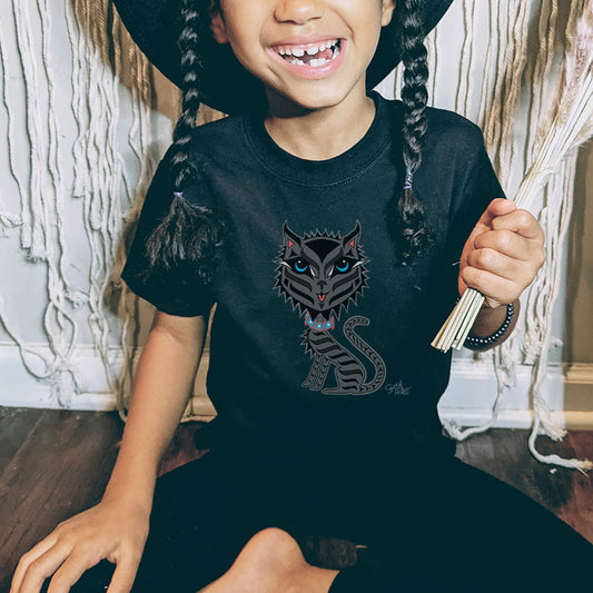 Salish Grant - Boujee Rez Cat Kid's T-shirt Coast Salish art Canada Black
