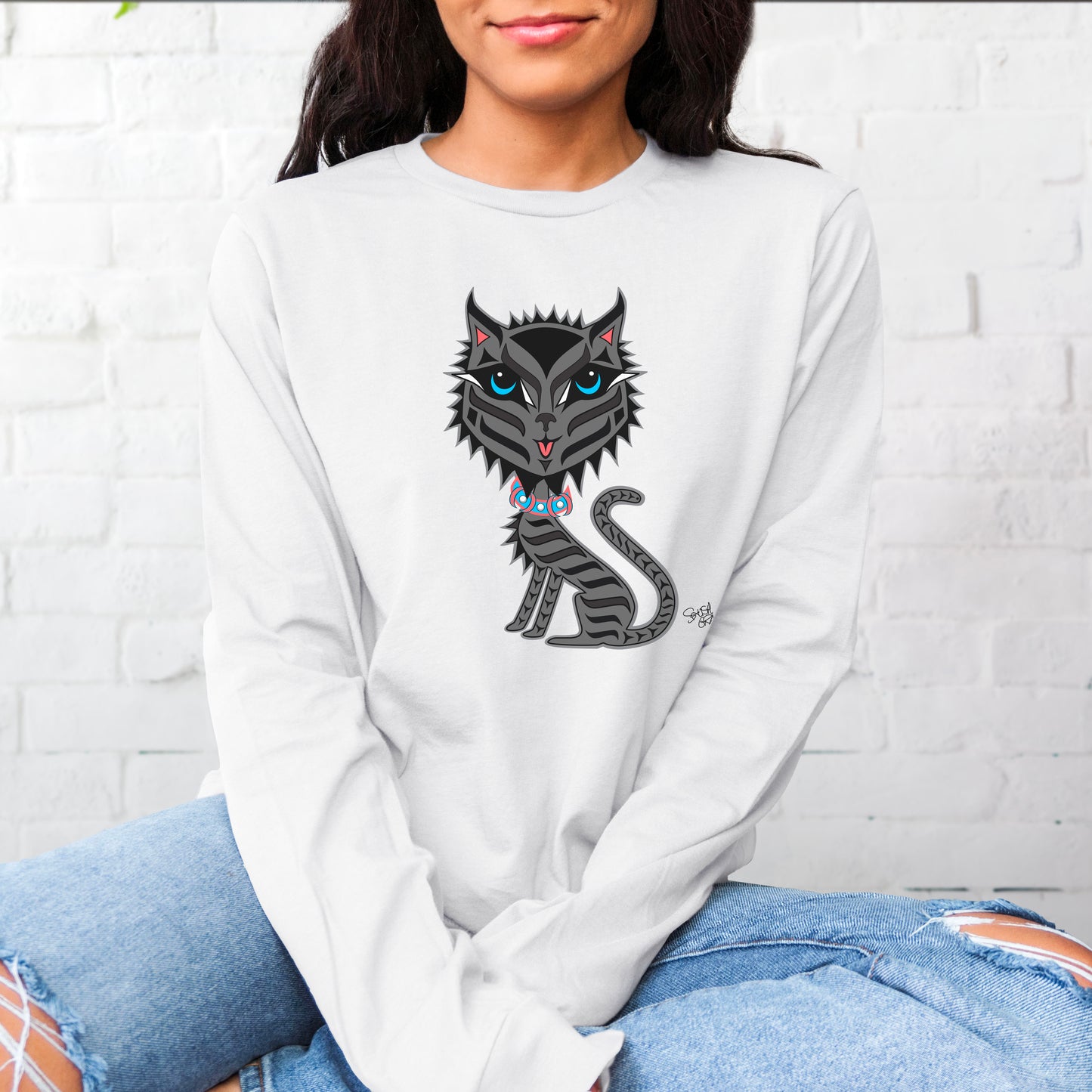 Salish Grant - Boujee lil Rez Cat Long Sleeve Tee Coast Salish art  White