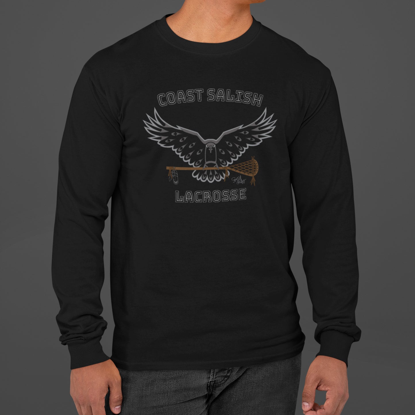 Salish Grant - Crows Lacrosse Team Long Sleeve T-shirt Authentic Coast Salish art Black