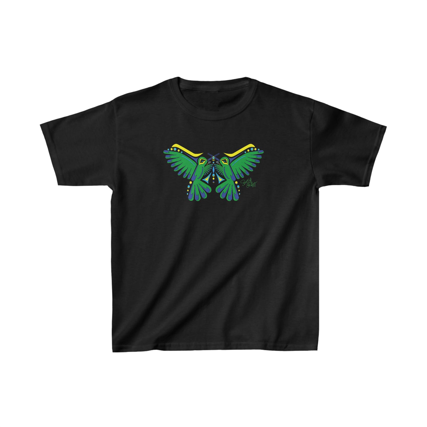 Salish Grant - Hummingbird Green Butterfly Kid's T-shirt art Canada Black