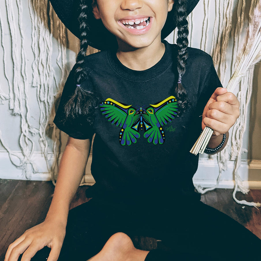 Salish Grant - Hummingbird Green Butterfly Kid's T-shirt art Canada Black