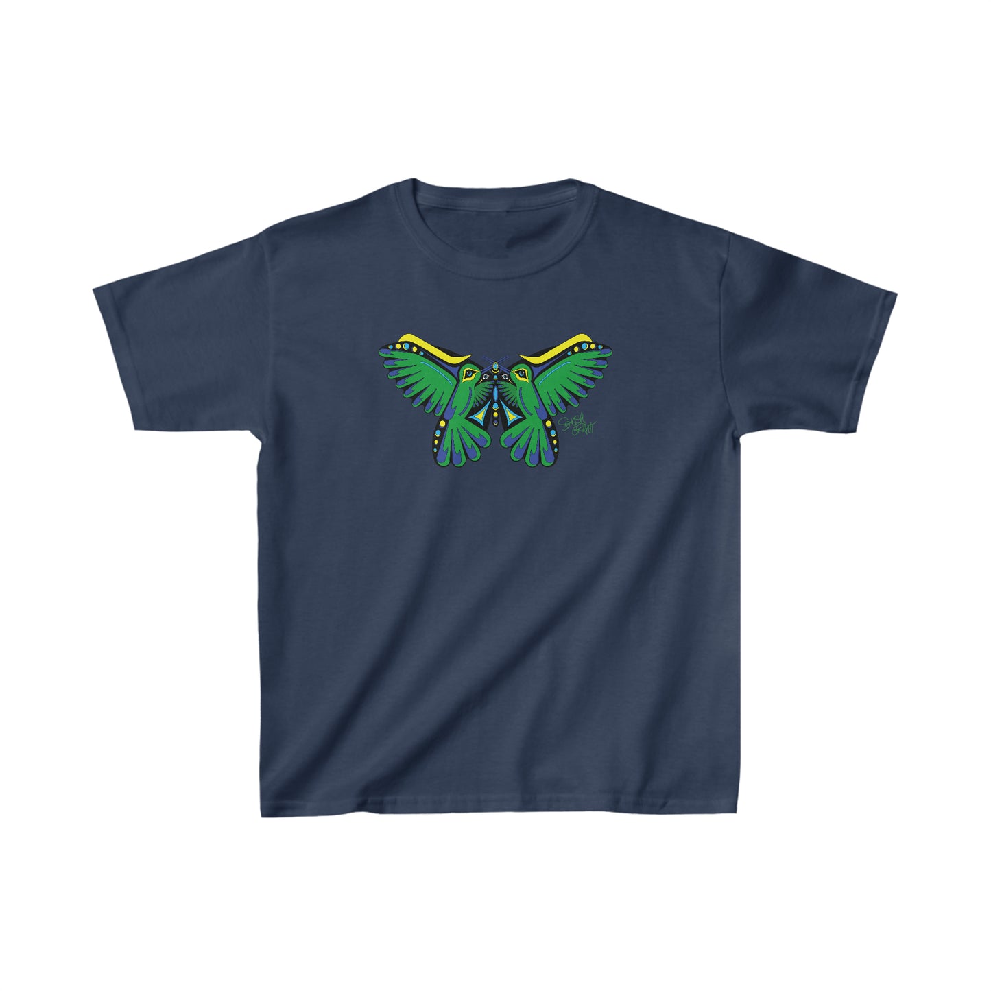 Salish Grant - Hummingbird Green Butterfly Kid's T-shirt art Canada Navy Blue