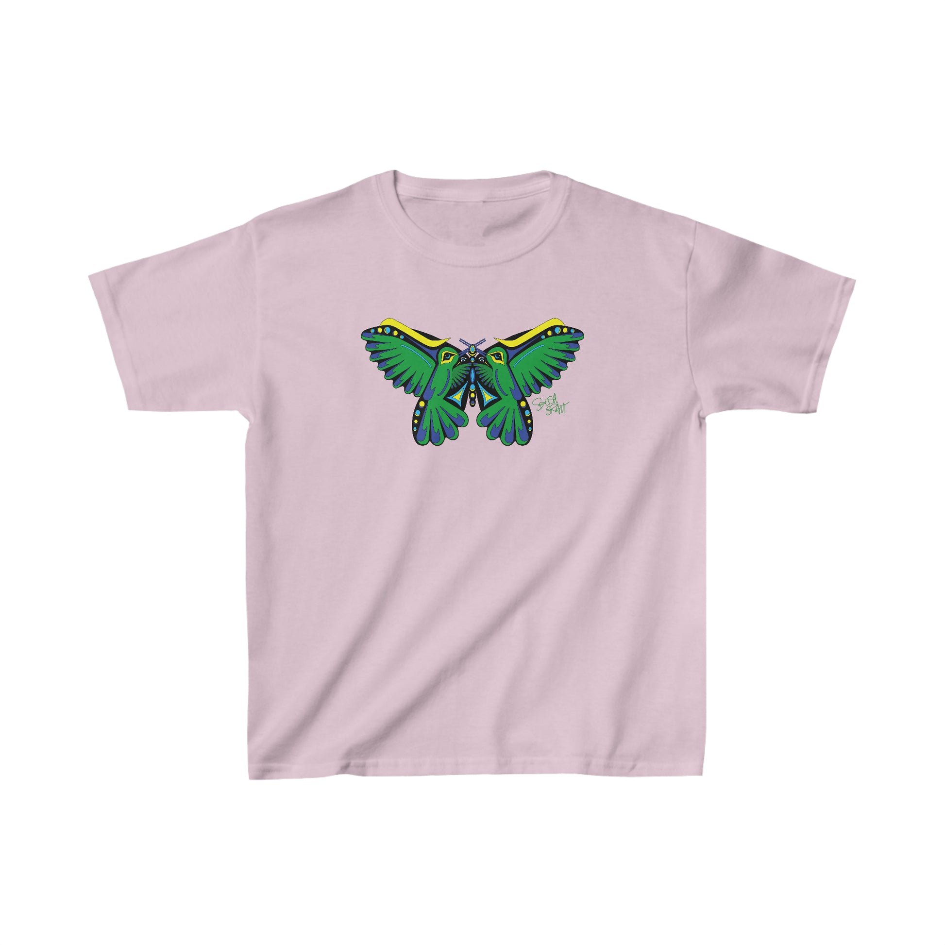 Salish Grant - Hummingbird Green Butterfly Kid's T-shirt art Canada Light Pink